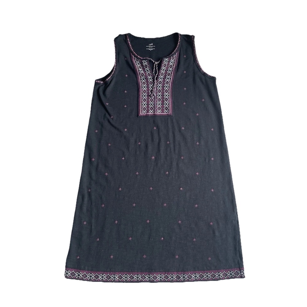 J. JILL Black Multicolor Embroidered Sleeveless Knit Dress Medium Cotton Blend